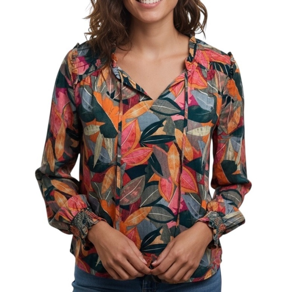 Easel Floral Multicolor Women's Long Sleeve v Neck Top | Size 1X